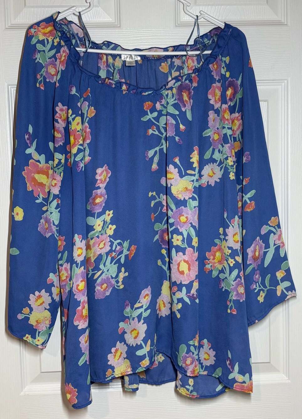 Spense Women's Blue Floral Long Sleeve Peasant Blouse
